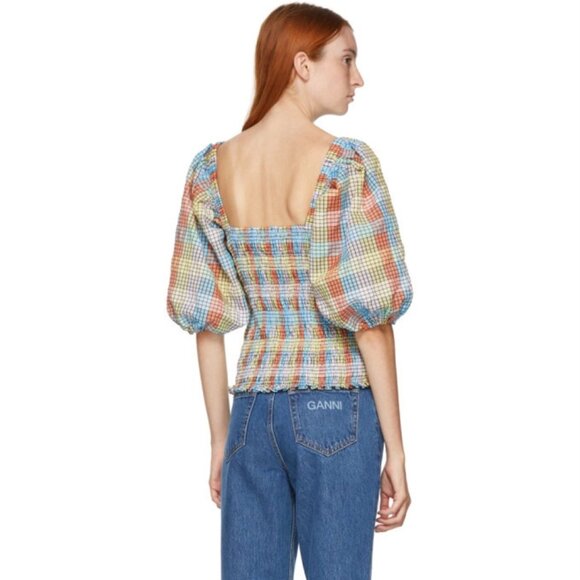 GANNI Shirred Puff Sleeve Seersucker Top in Pastel Check - US 4 (S) - Picture 15 of 16
